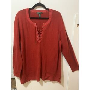 Lauren Ralph Lauren 3X Red Cotton Top Lace Up Crew Neck Long Sleeve Tunic Blouse